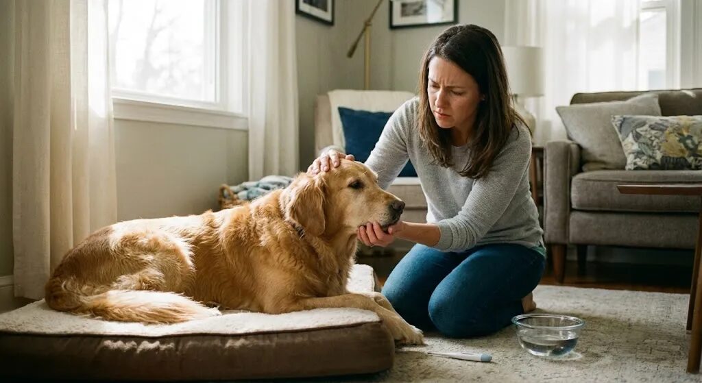 飼い主がペットの様子を心配そうにチェックしている様子。