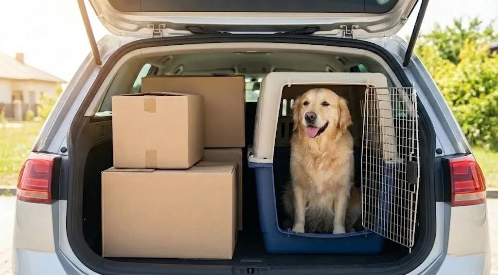 引っ越しのため車に乗っている犬