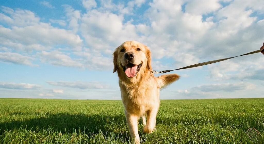 広い芝生の公園でリードいっぱいに楽しそうに走り回る笑顔の犬