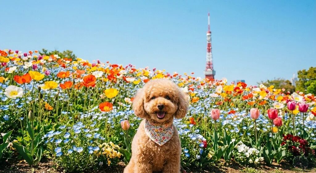 東京タワーと青空を背景に芝生の上でお座りをするトイプードル