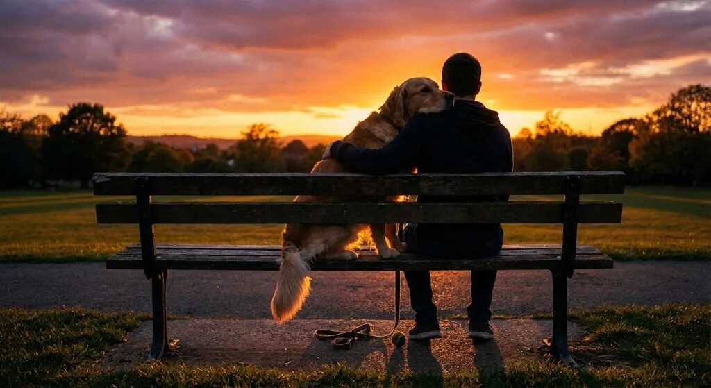 夕暮れの公園のベンチで飼い主と見つめ合いリラックスしている犬