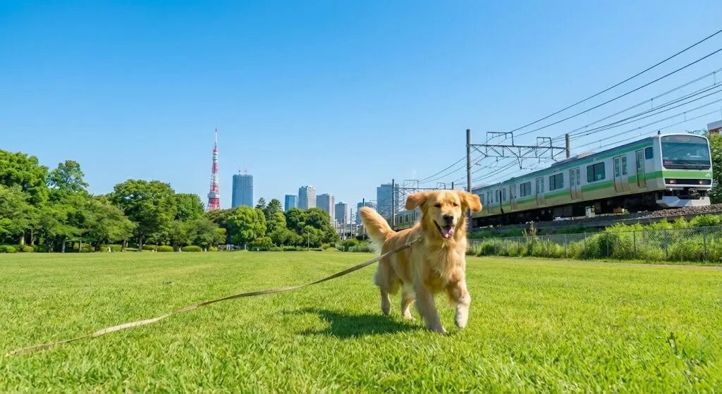 青空の下、広い芝生の公園で楽しそうに散歩する犬