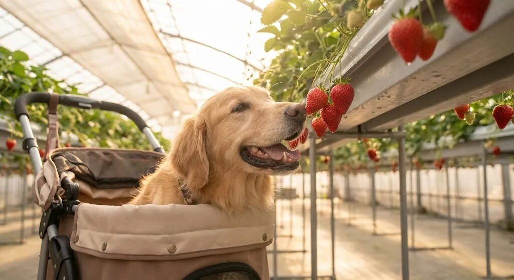 目の前にイチゴがあって嬉しそうな犬