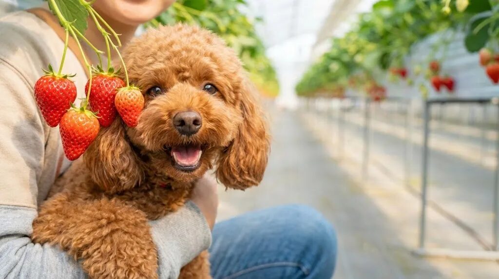 いちごと犬が写っている画像