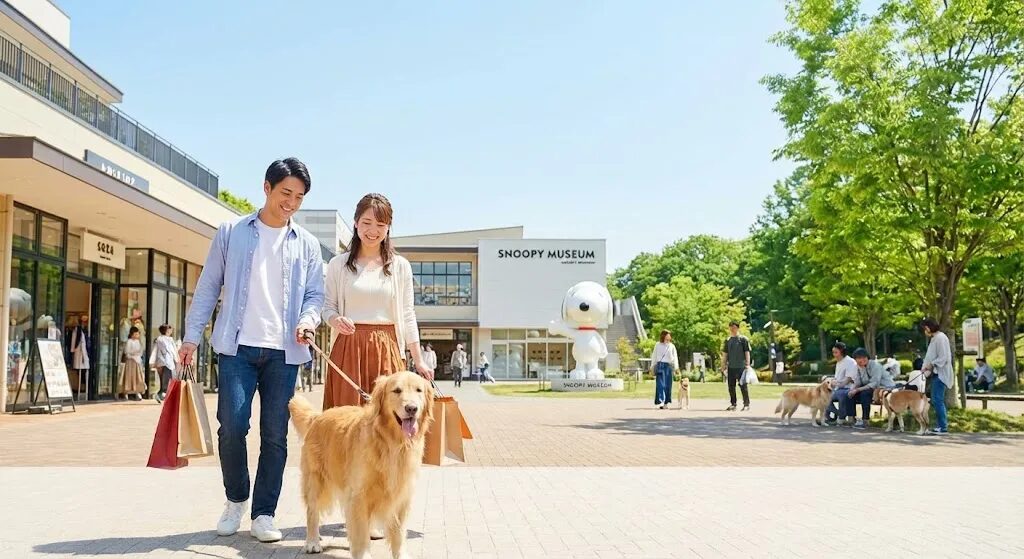 飼い主が犬を連れて買い物している