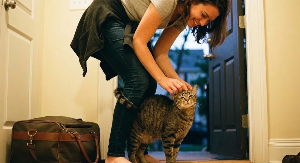 ペットシッターが自宅に来て猫の世話をしている様子