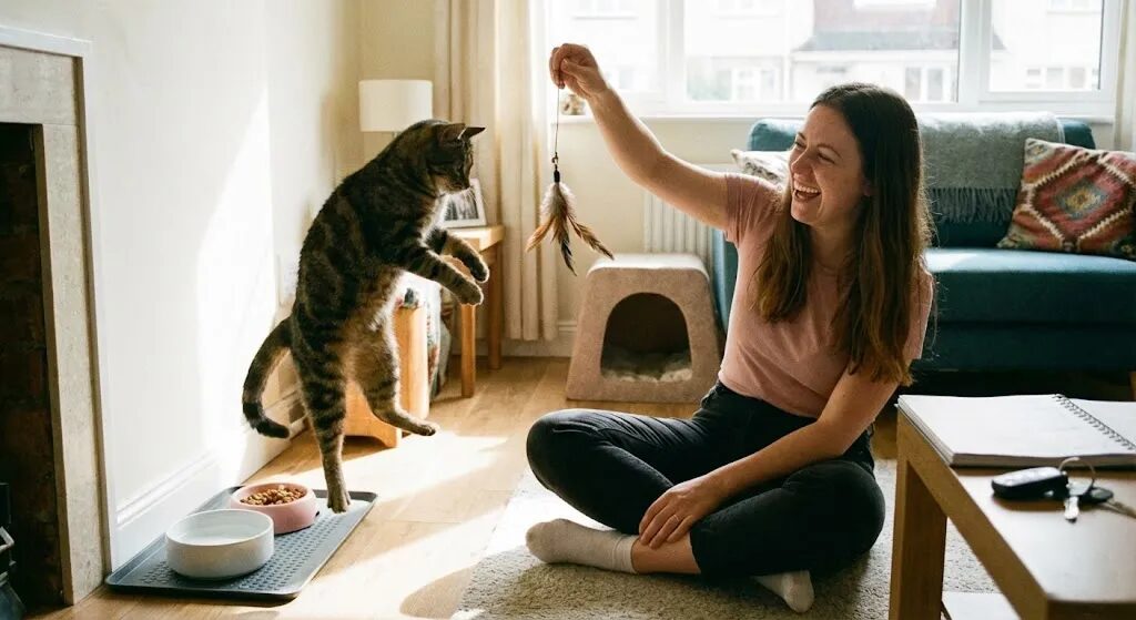 帰宅した飼い主にすり寄って甘える猫