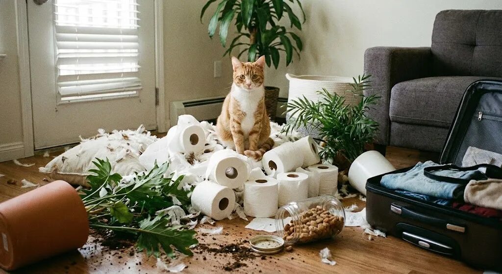 留守番中に散らかった部屋といたずらをした猫