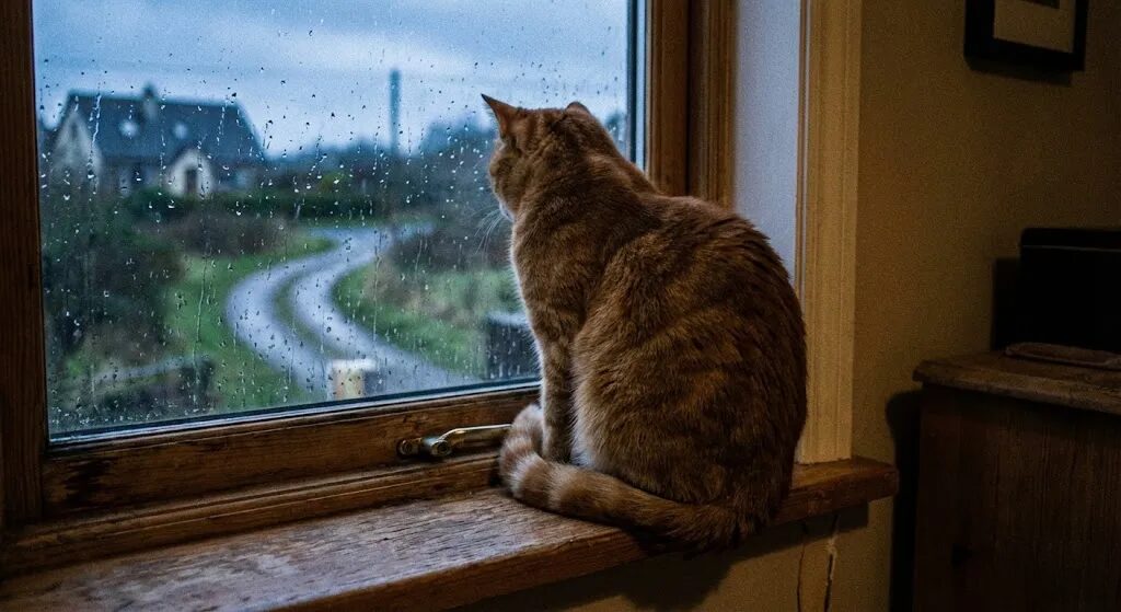 窓の外を見つめて飼い主の帰りを待つ猫の背中