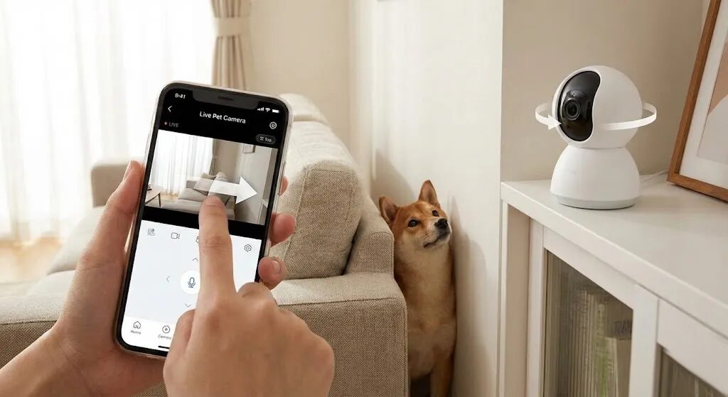 ペットカメラを操作している飼い主