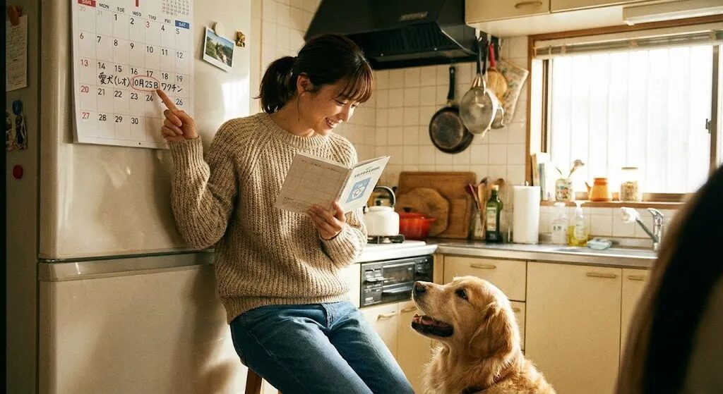 カレンダーを見ながら愛犬のワクチン予定を確認する飼い主
