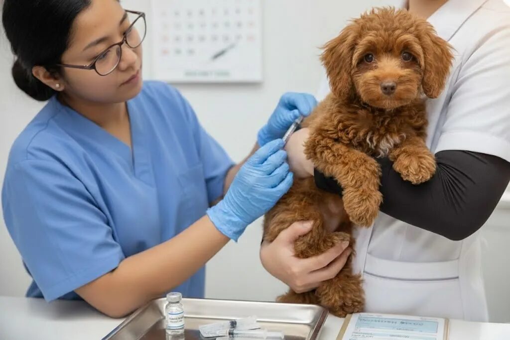 女性が犬にワクチンの注射打ってる