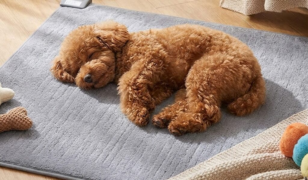 暖かいマットで寝ている犬