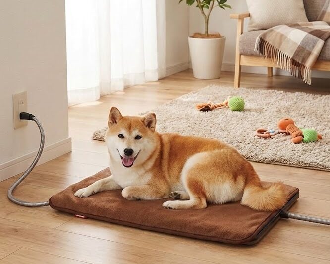 暖かいマットに横たわっている犬