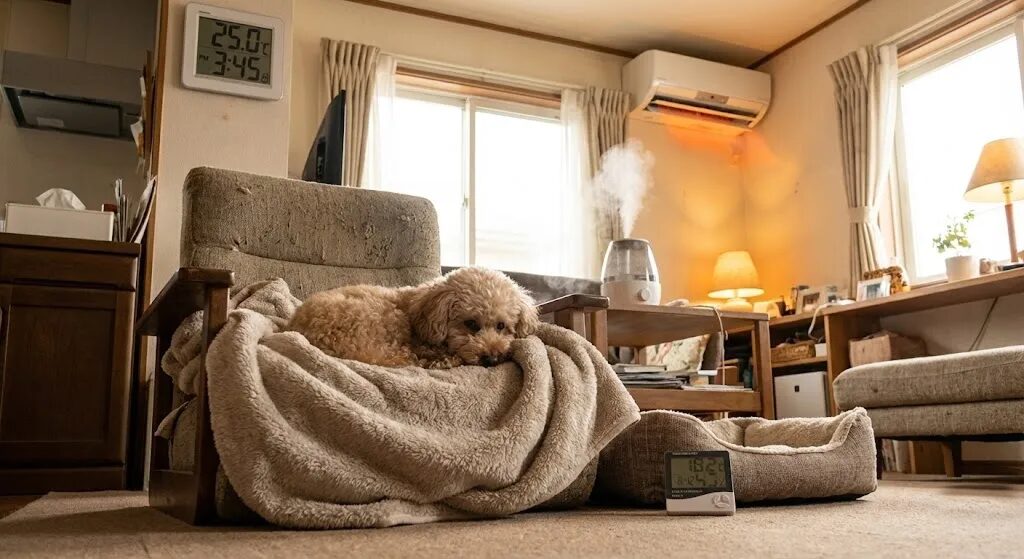 暖かい部屋で横になっている犬