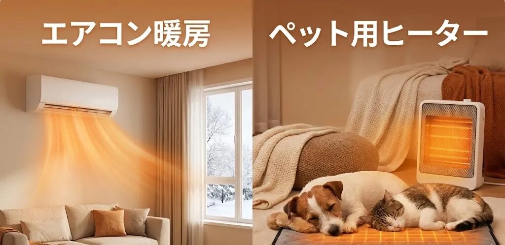 エアコン暖房とペット用ヒーターの対比画像