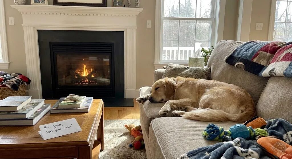 暖炉の前で気持ち良さそうに寝ている犬