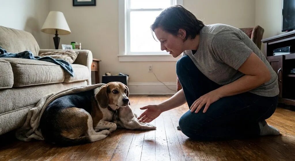 爪切りを嫌がって隠れる犬と飼い主