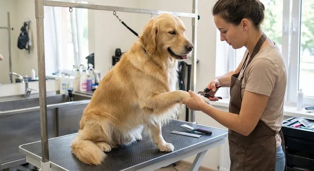 トリミングテーブルの上で大人しく爪を切らせる犬