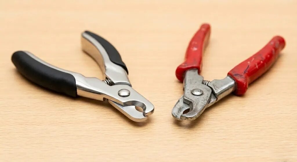 初心者におすすめの切れ味の良いギロチン型犬用爪切りと、使い古した爪切りの比較写真