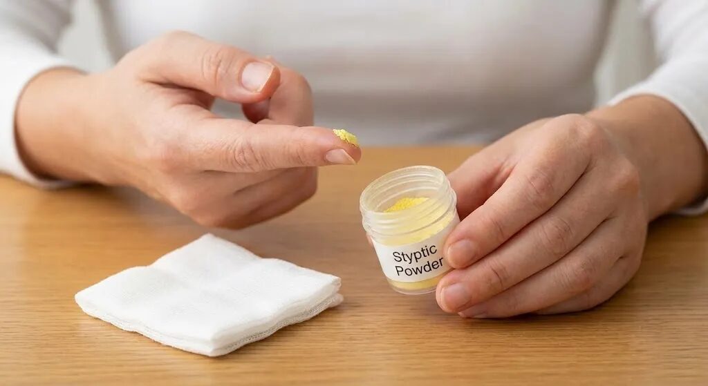 犬の深爪出血時に使う止血パウダーを指先に取り、ガーゼを準備している飼い主の手元