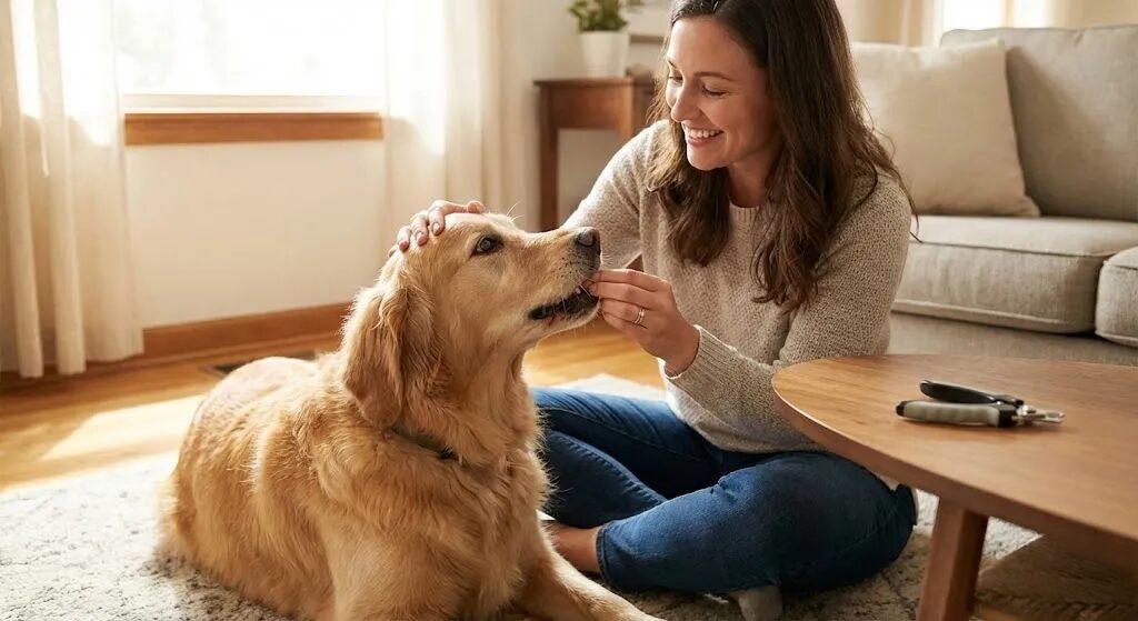 爪切りが終わった後、飼い主からご褒美をもらってリラックスしている愛犬の様子