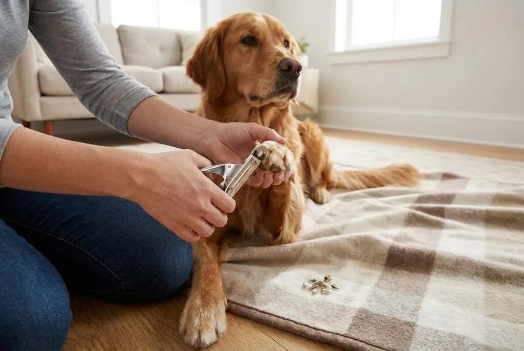 飼い主に爪を切られている犬