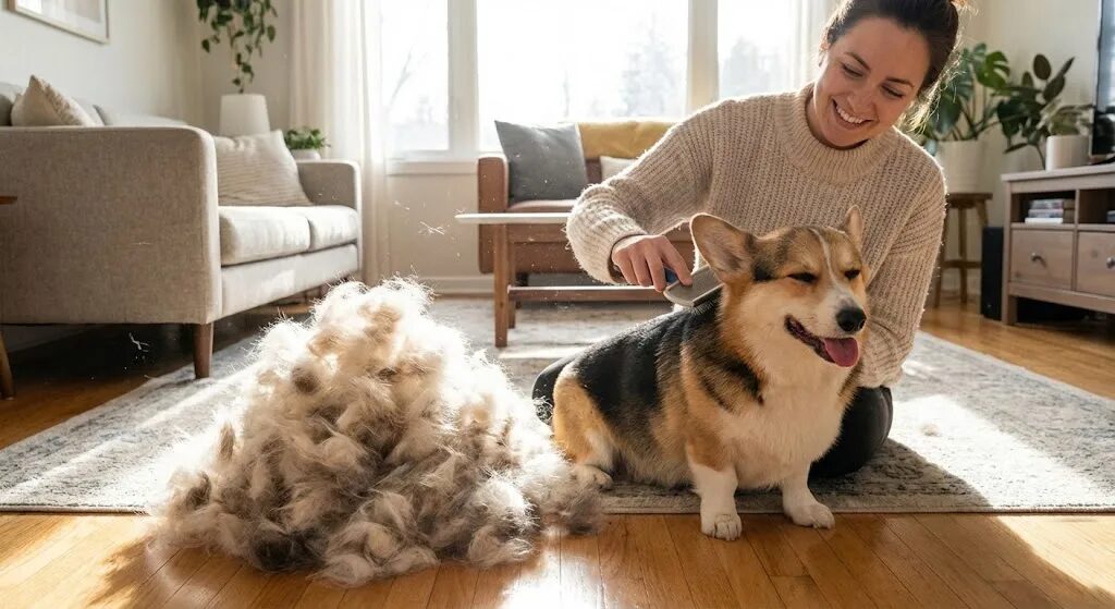 飼い主に毛のケアをしてもらっている犬
