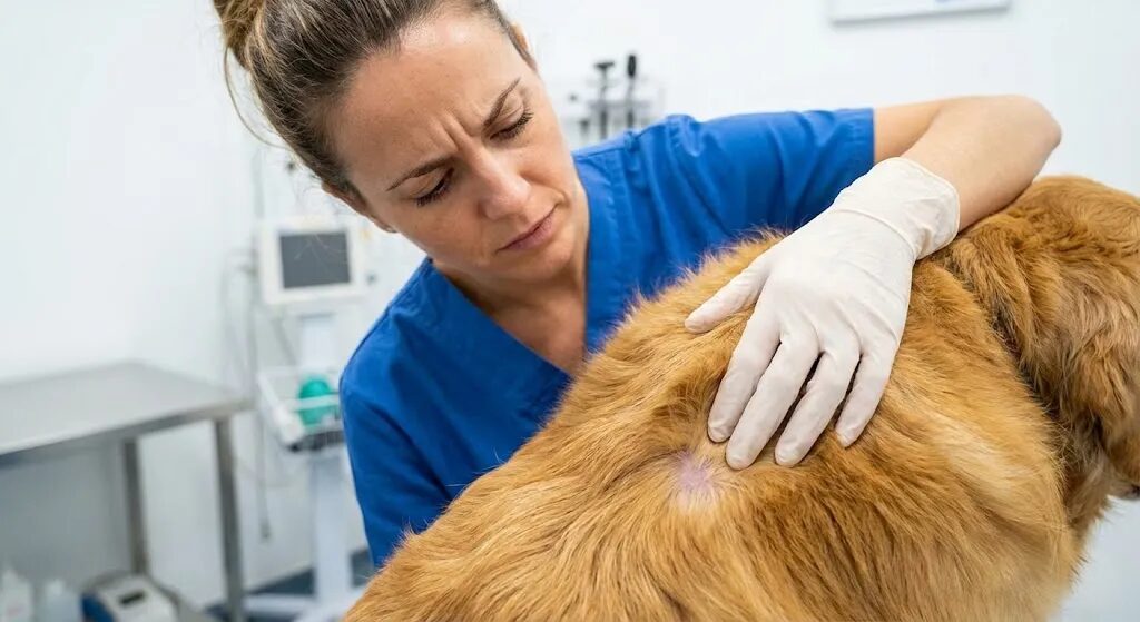 触診を受けていいる犬