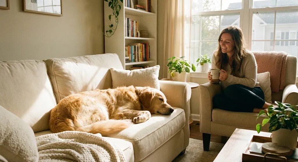 犬がソファーで寝ている