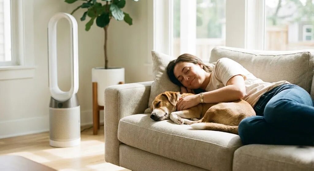 飼い主とソファーで寝転がっている犬