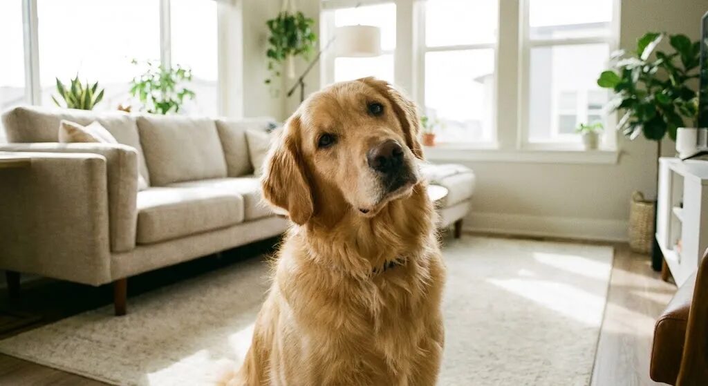 首を傾げている犬