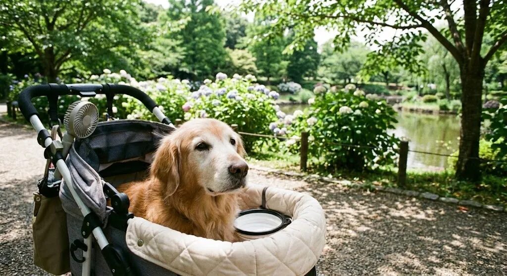 ペットカートで休憩している犬