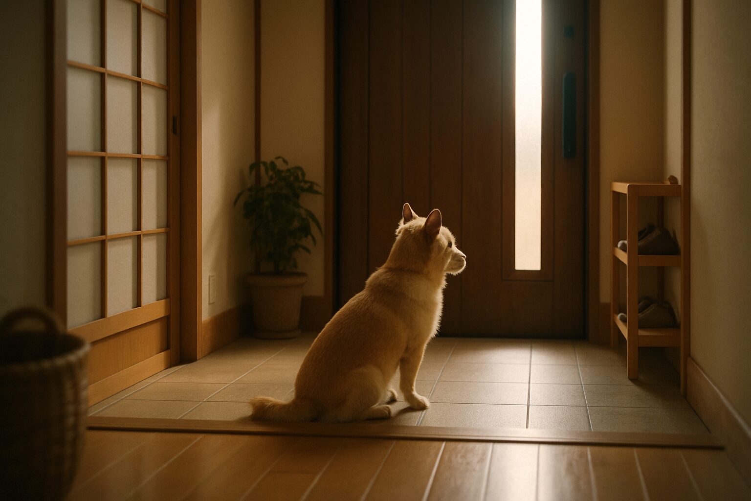 留守番中に玄関で飼い主を待つ犬