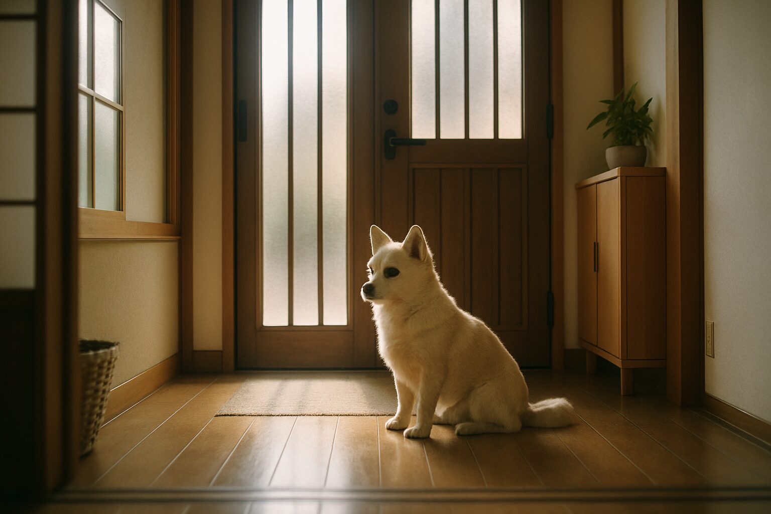 留守番中に玄関で飼い主を待つ犬