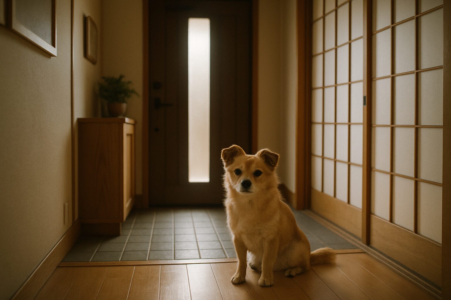 留守番中に玄関で飼い主を待つ犬