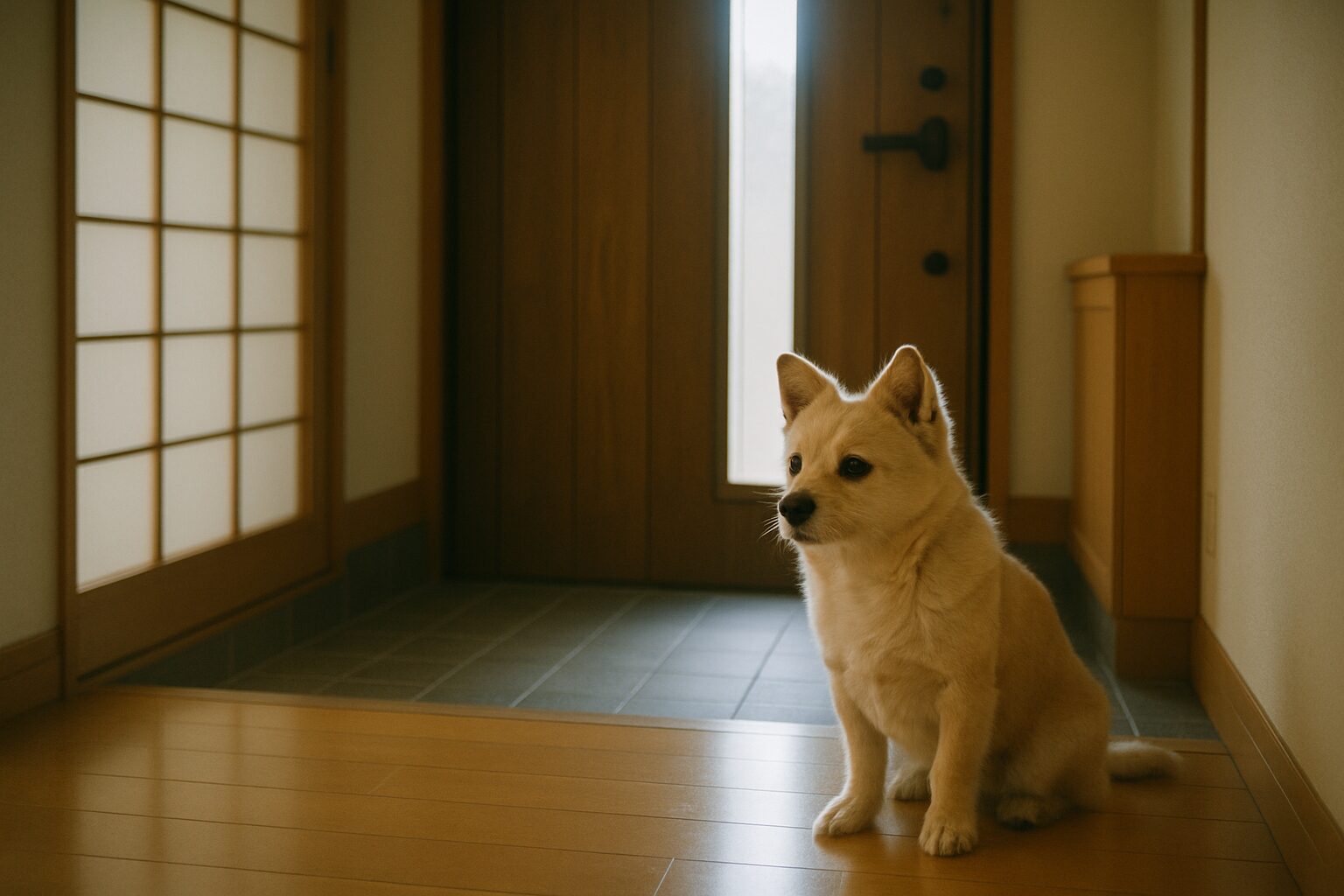 留守番中に玄関で飼い主を待つ犬