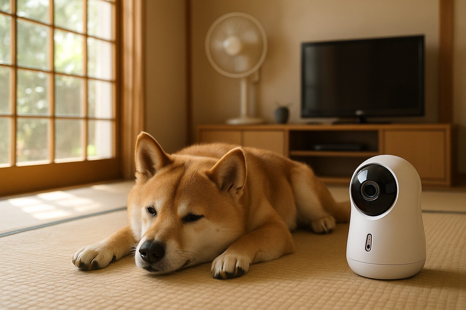 夏の室内でくつろぐ犬と温湿度センサー付き見守りカメラ