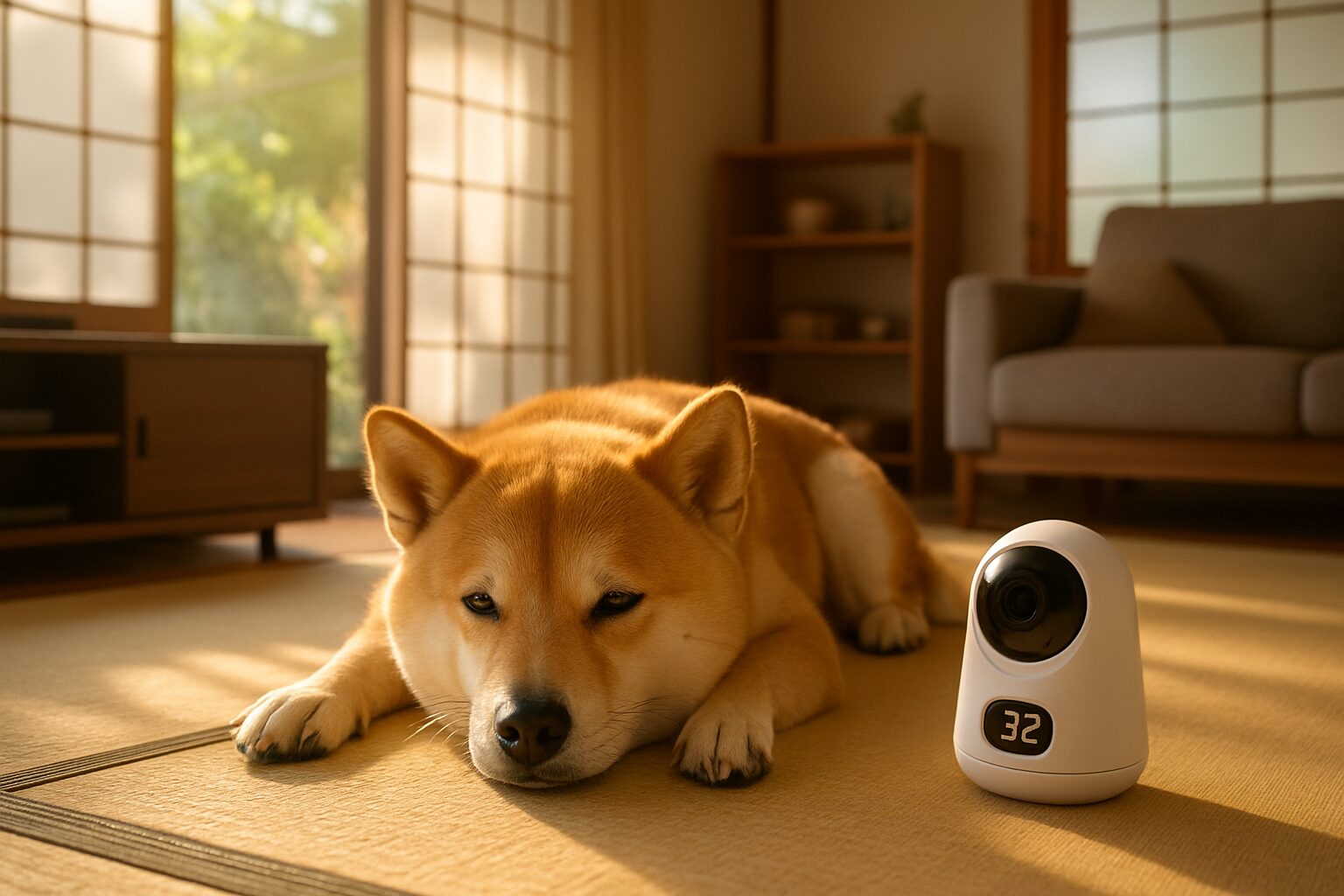 夏の室内でくつろぐ犬と温湿度センサー付き見守りカメラ