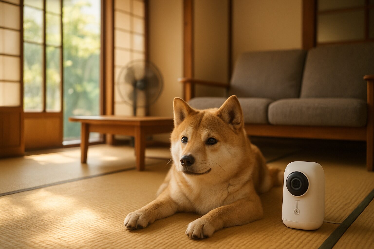 夏の室内でくつろぐ犬と温湿度センサー付き見守りカメラ