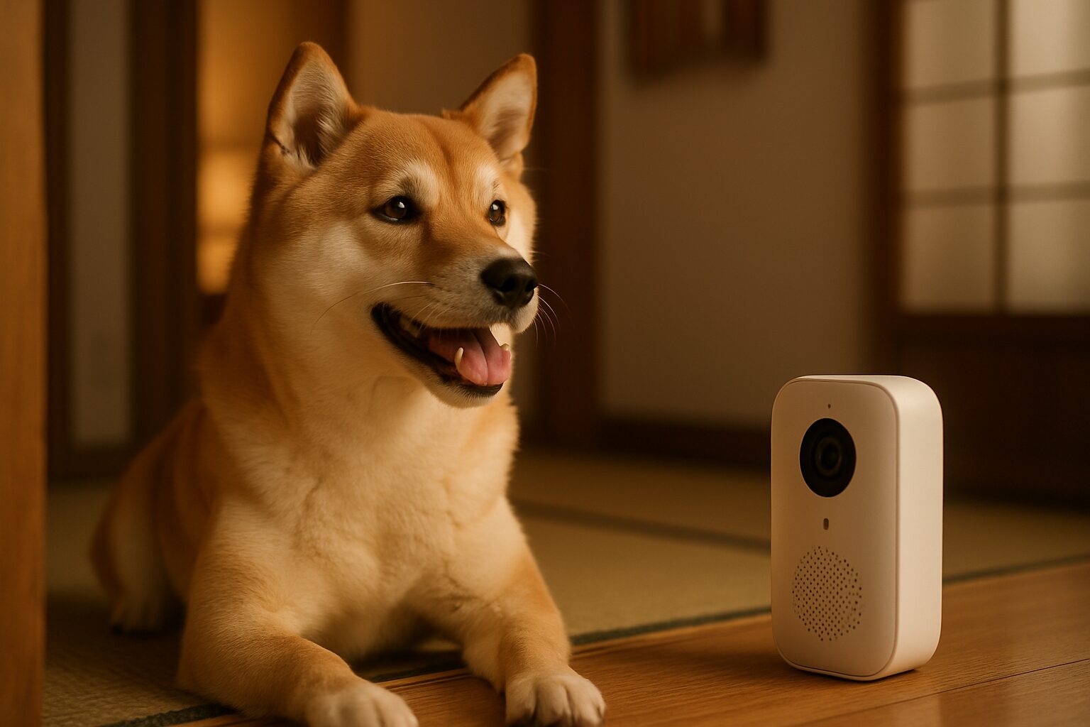 カメラ越しの飼い主の声に反応する犬