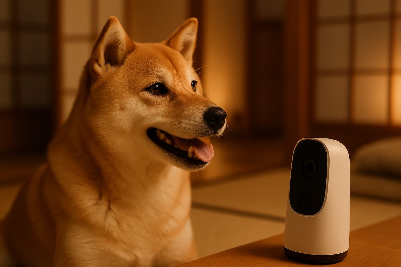 カメラ越しの飼い主の声に反応する犬
