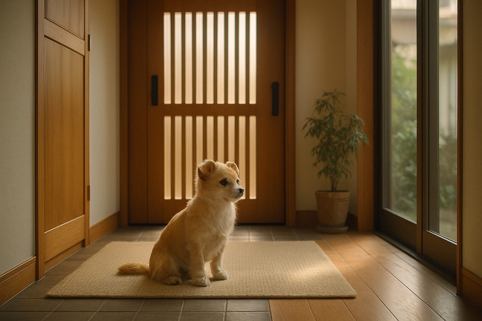留守番中に玄関で飼い主を待つ犬