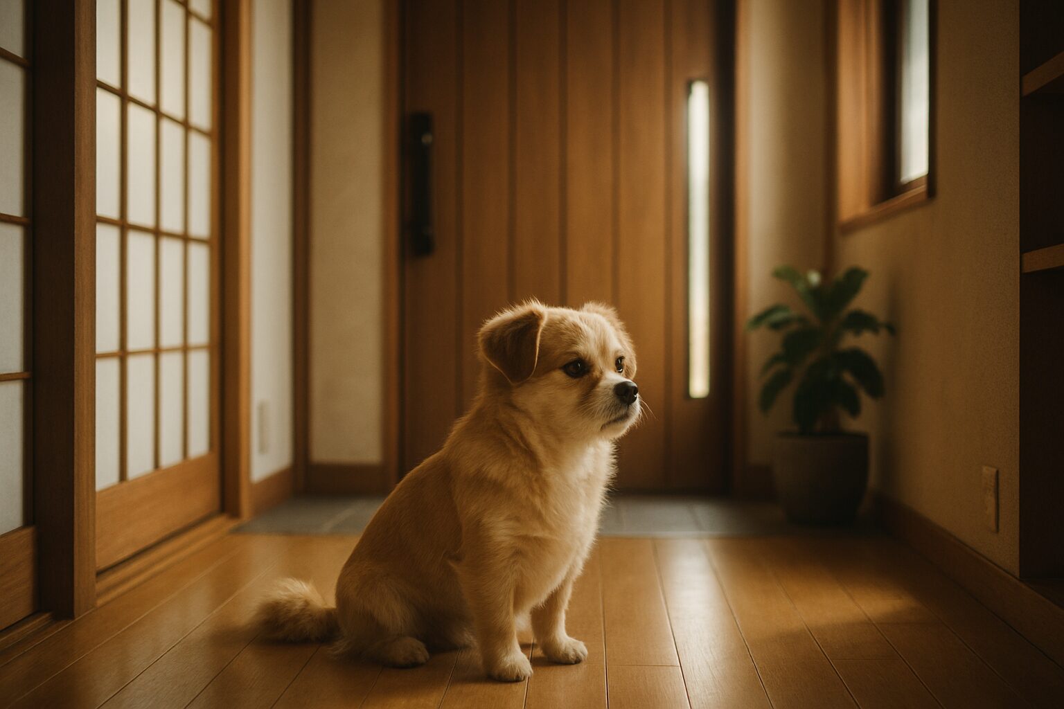 留守番中に玄関で飼い主を待つ犬