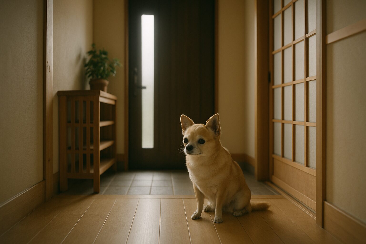 留守番中に玄関で飼い主を待つ犬