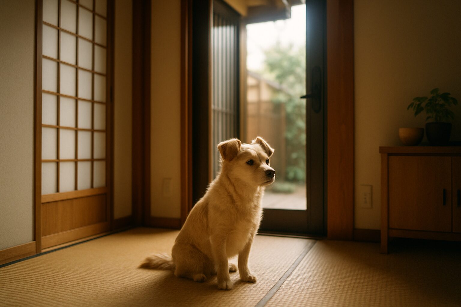 留守番中に玄関で飼い主を待つ犬