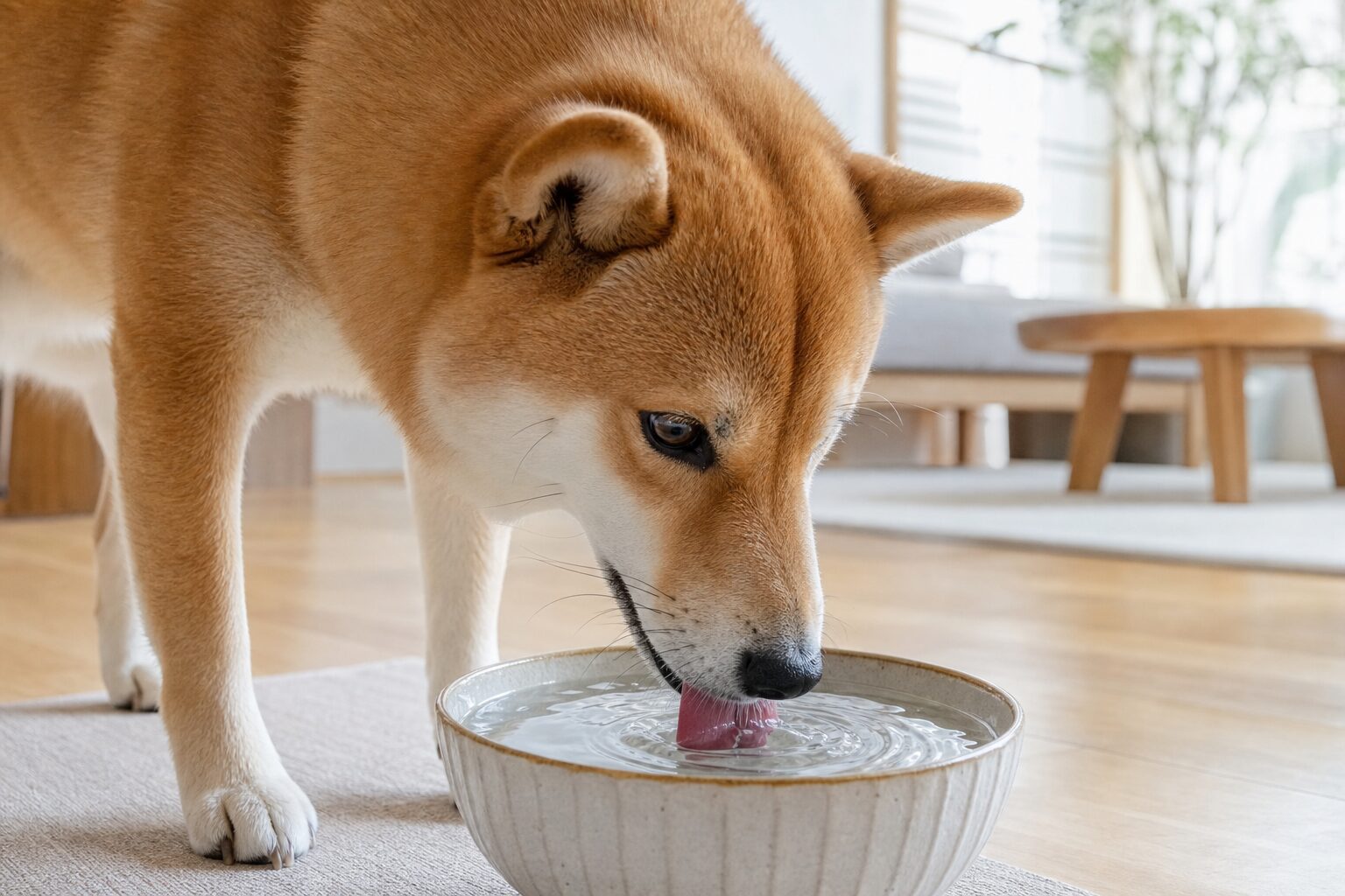明るいリビングで新鮮な水を飲む柴犬