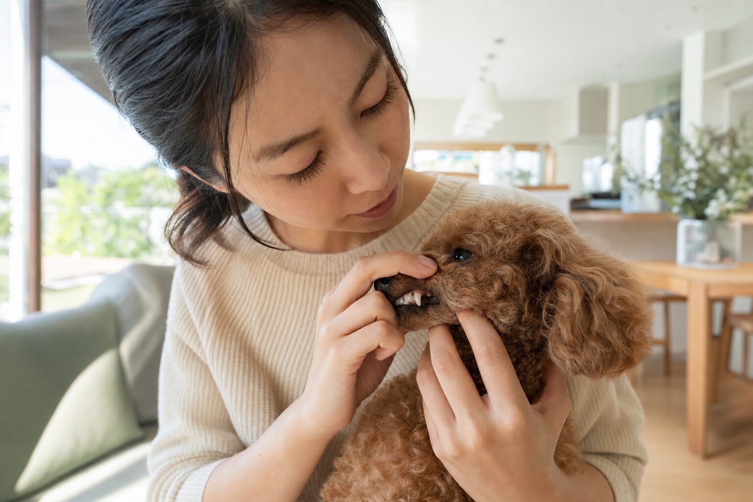 トイプードルの口元を優しく確認する日本人女性