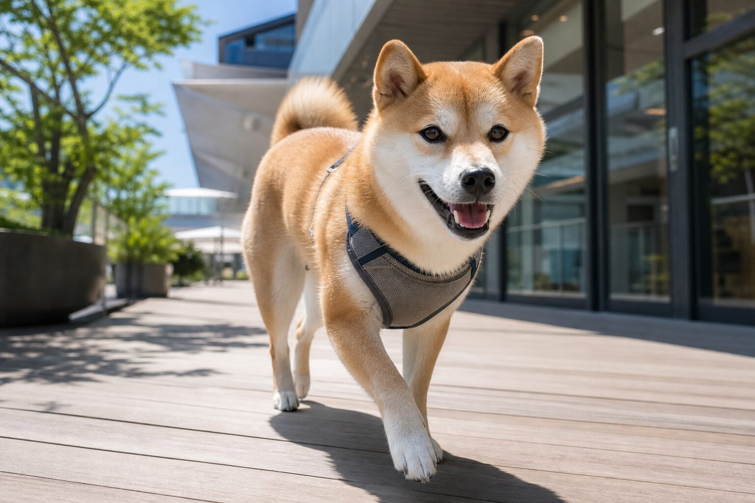 ベデストリアンデッキを歩く柴犬