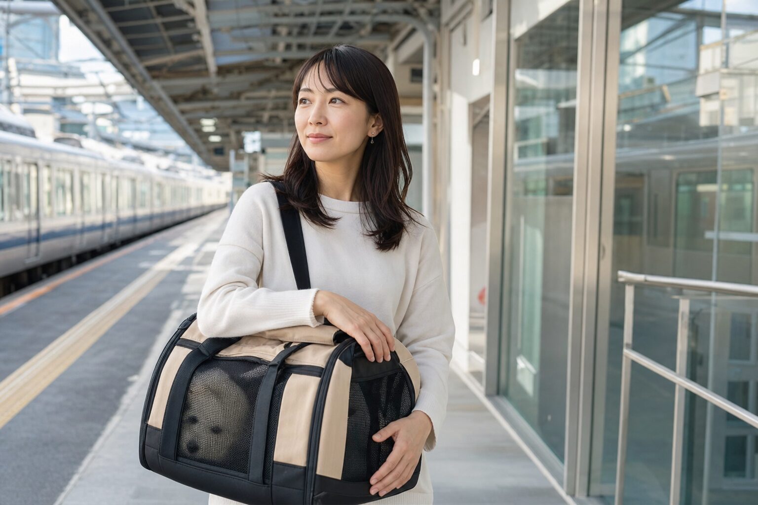 駅の改札前でペット用バッグを持つ日本人女性